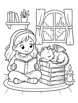 Free printable Girl Reading Beside Sleeping Baby Dragon coloring page