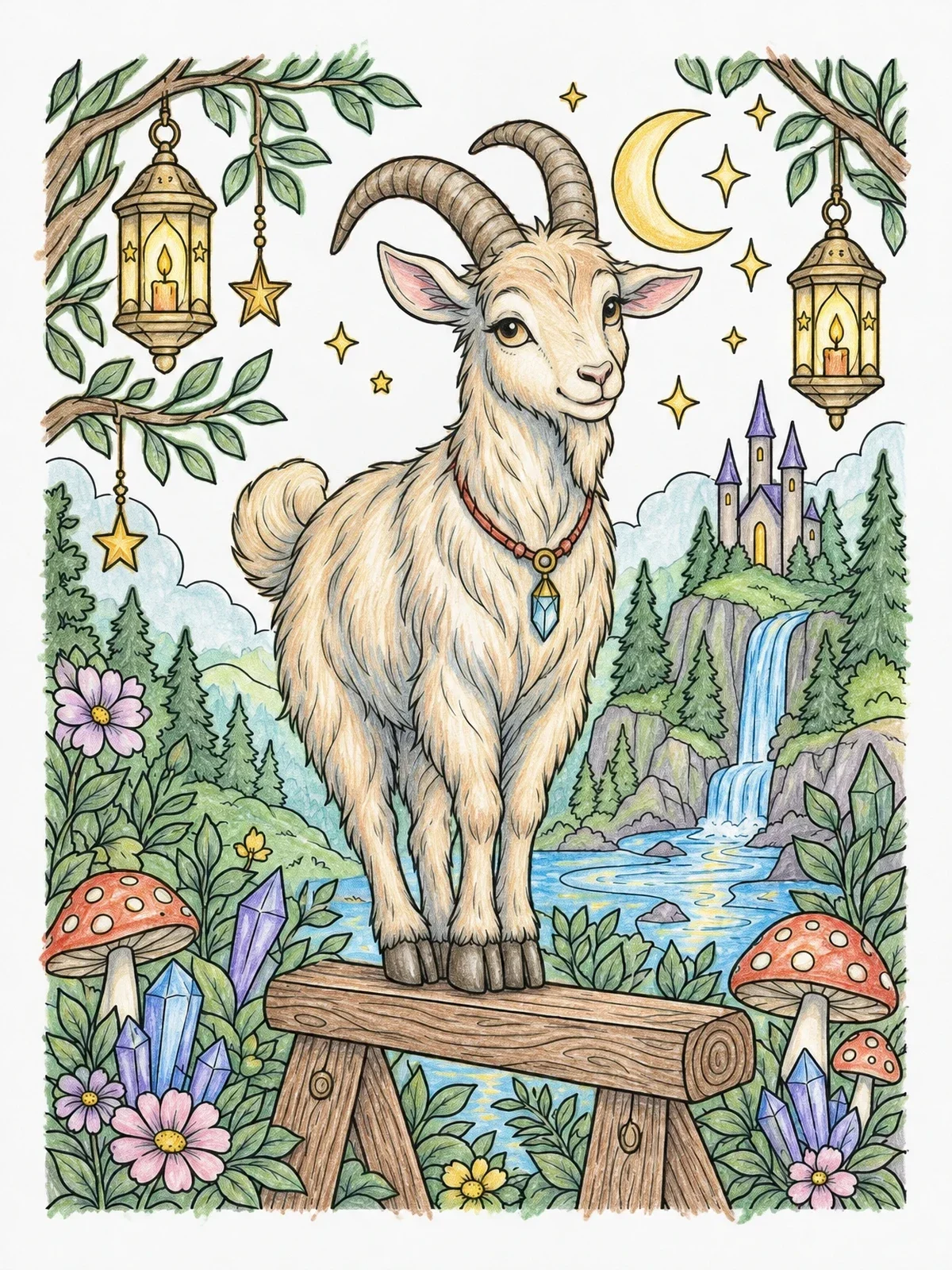 Colored example of the Whimsical Goat On A Wooden Bench coloring page