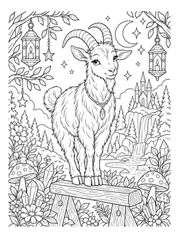 A magical goat coloring page showing the animal perched on wood before a fairytale castle.