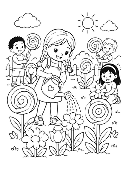 Free printable Children Watering A Lollipop Garden coloring page