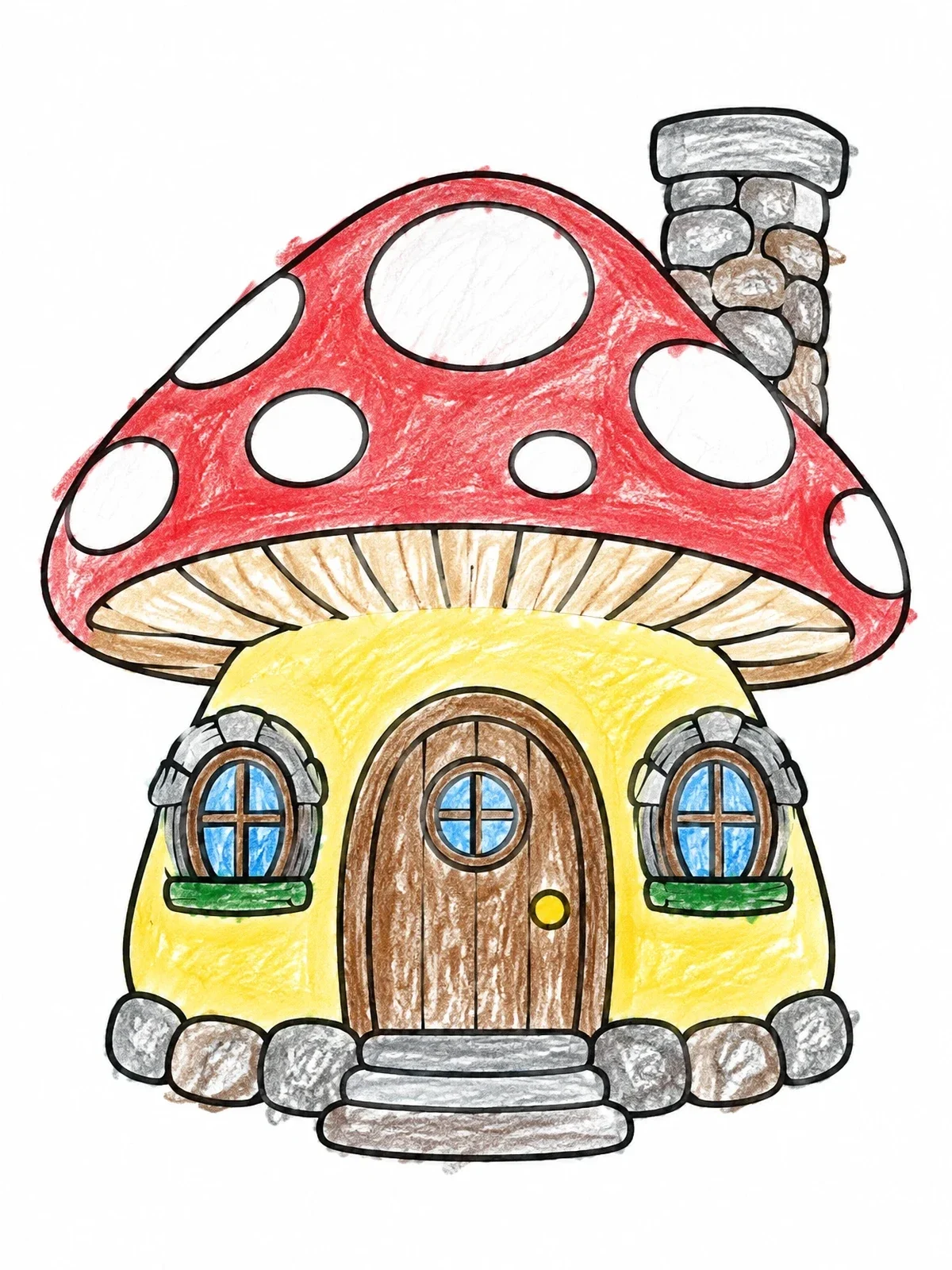 Colored example of the Whimsical Mushroom Cottage With Stone Chimney coloring page
