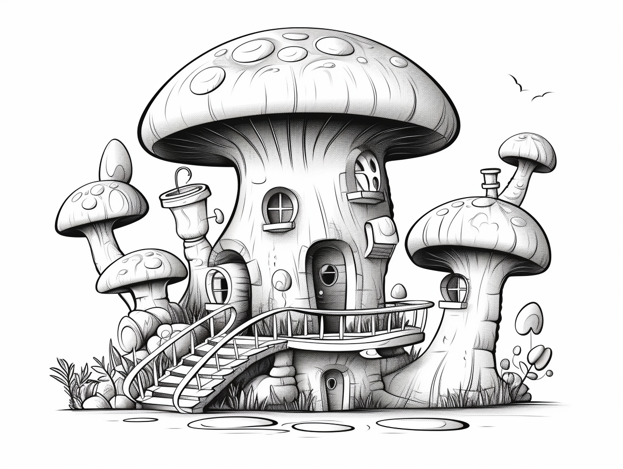 Whimsical Mushroom House Coloring - Coloring Page