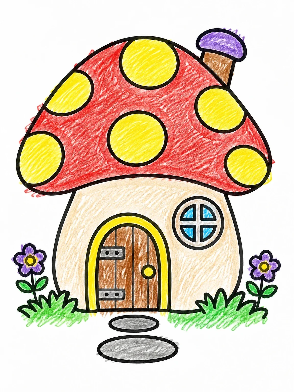Colored example of the Whimsical Mushroom Playhouse coloring page