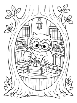 Free printable Owl Librarian In Hollow Tree coloring page