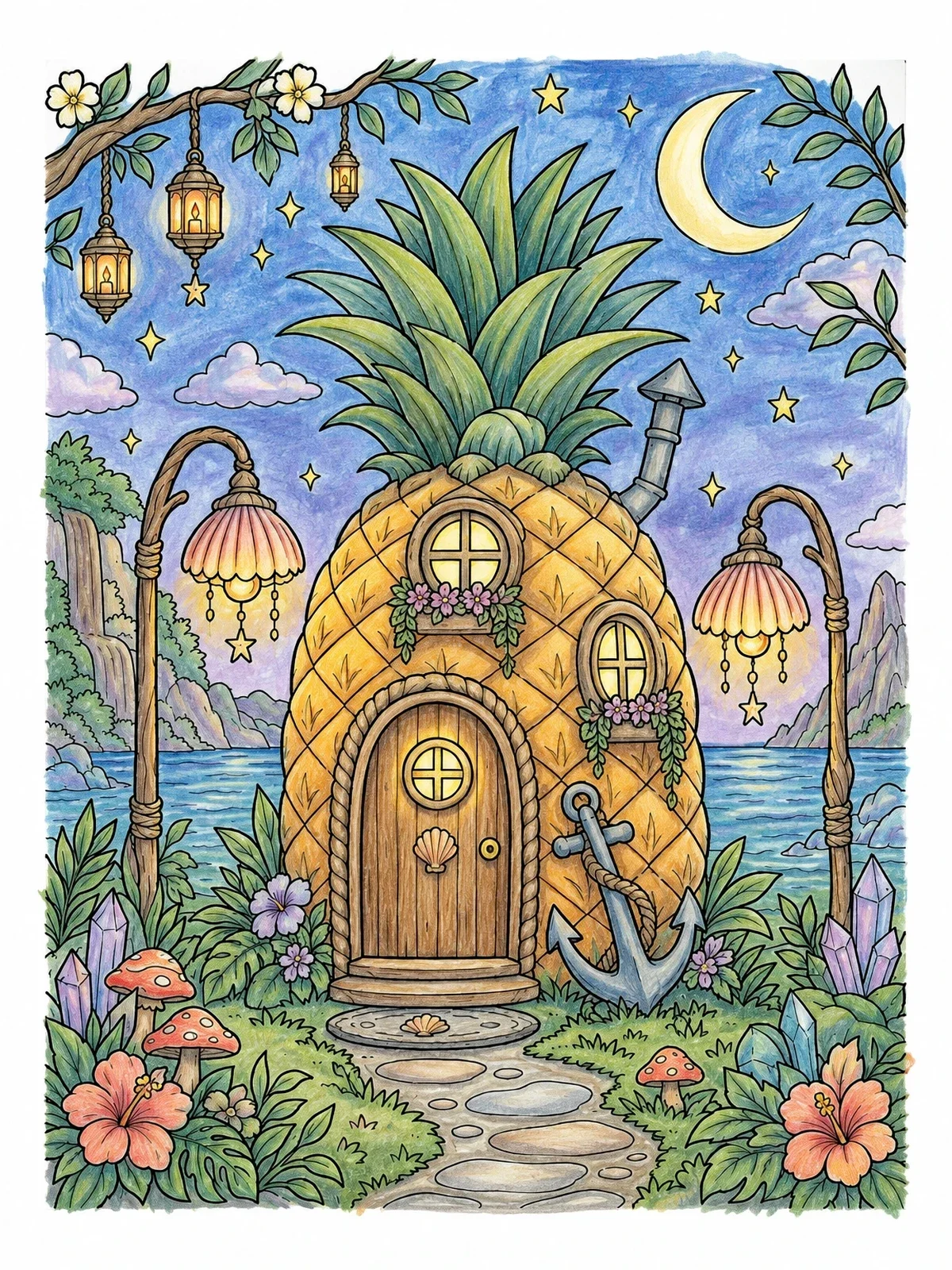 Colored example of the Whimsical Pineapple House By The Sea coloring page