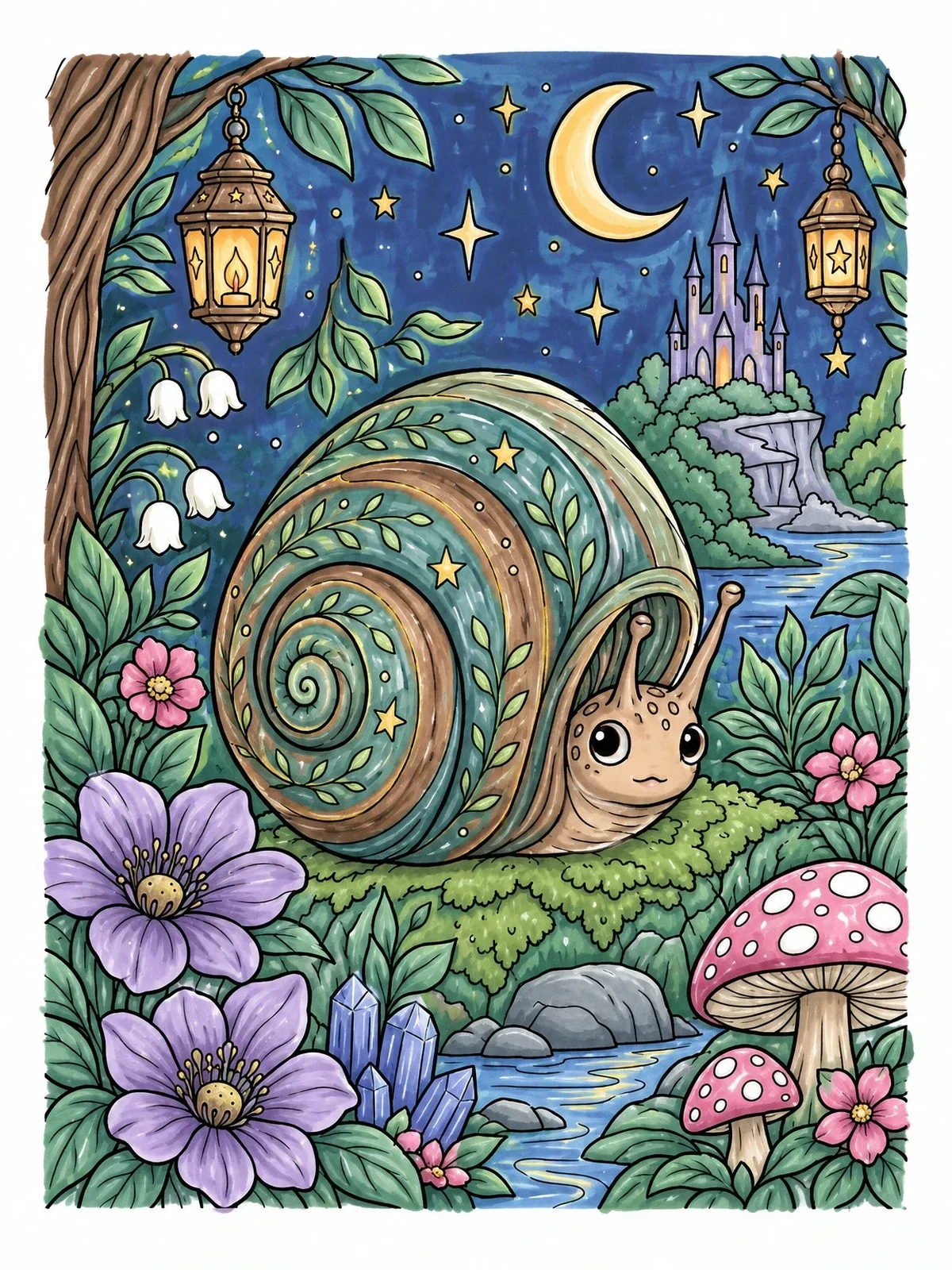 Colored example of the Whimsical Snail In Fantasy Landscape coloring page