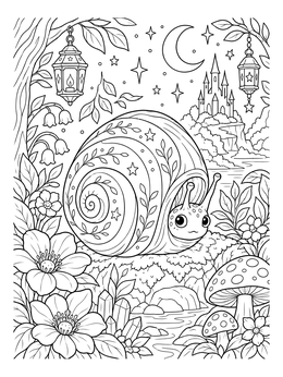 A cute snail coloring page featuring a fantasy garden with lanterns and a distant castle.