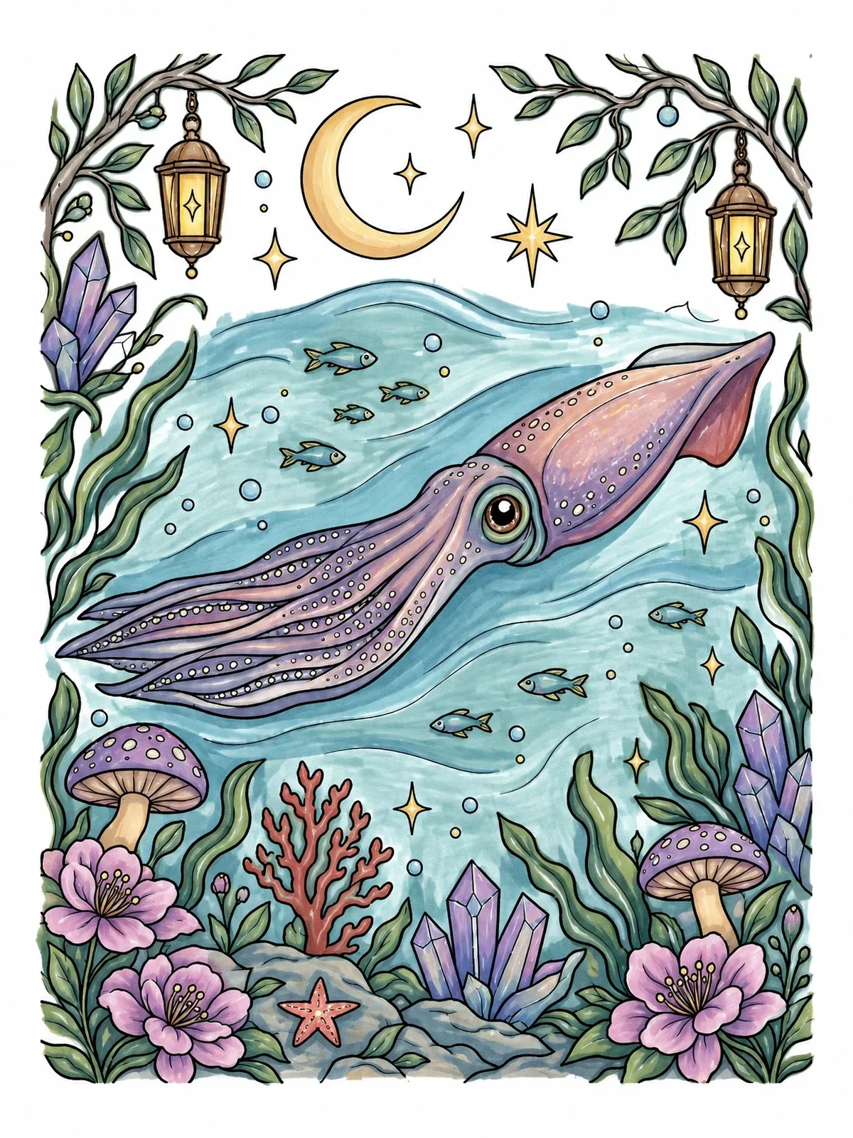 Colored example of the Whimsical Squid In Magical Waters coloring page