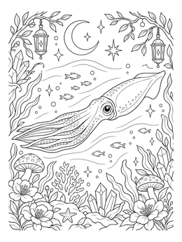 A detailed squid coloring page featuring a squid swimming beneath lanterns, a crescent moon, and crystals.