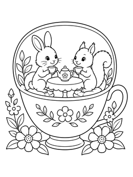 Free printable Teacup Party With Bunny And Squirrel coloring page