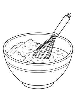 A whisk stirs ingredients in this flour coloring page featuring a large mixing bowl.