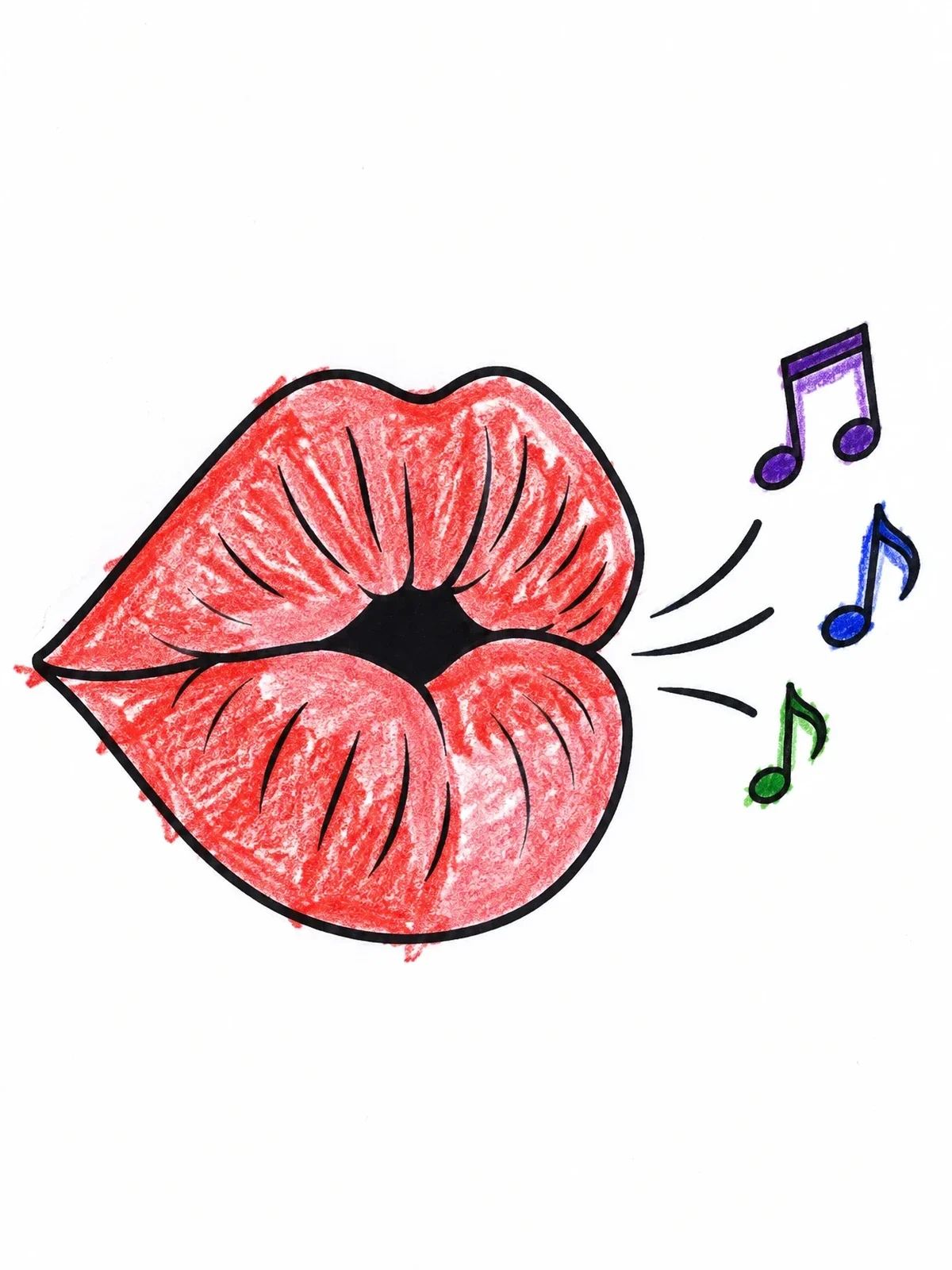 Colored example of the Whistling Lips With Musical Notes coloring page