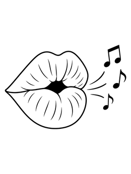 A close-up lips coloring page showing puckered lips whistling musical notes.