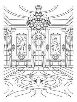 An ornate interior hall in this white house coloring page featuring a large chandelier and portraits.