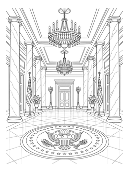 A regal entrance hall with chandeliers and the presidential seal on this white house coloring page.