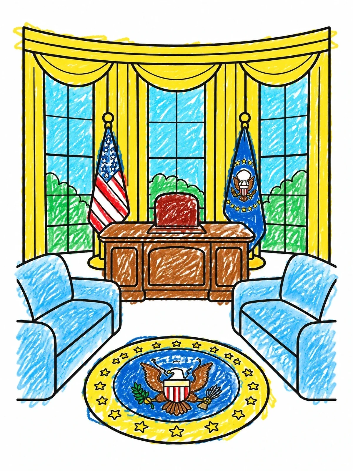 Colored example of the The Oval Office Interior coloring page