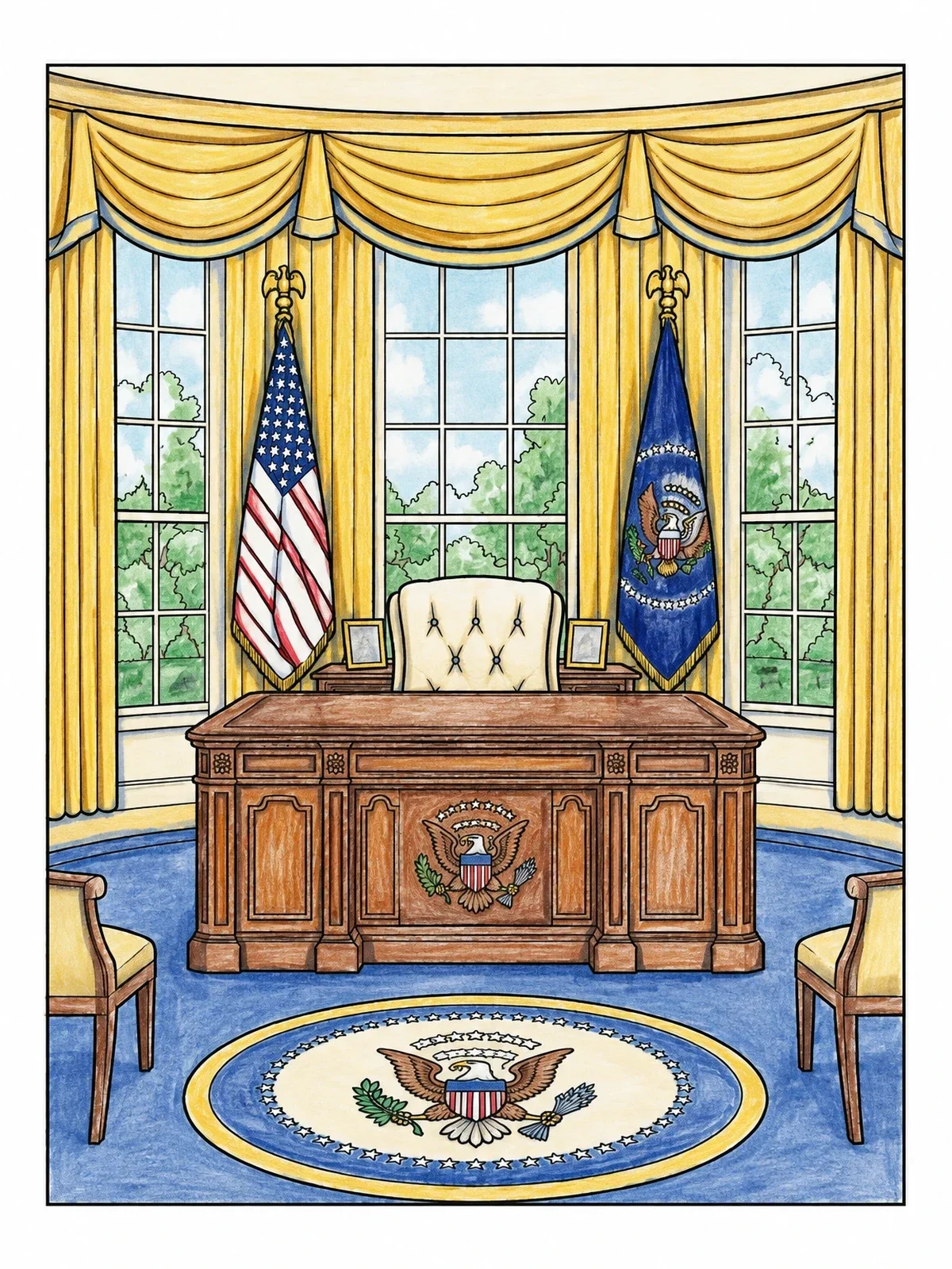 Colored example of the Oval Office With Resolute Desk coloring page