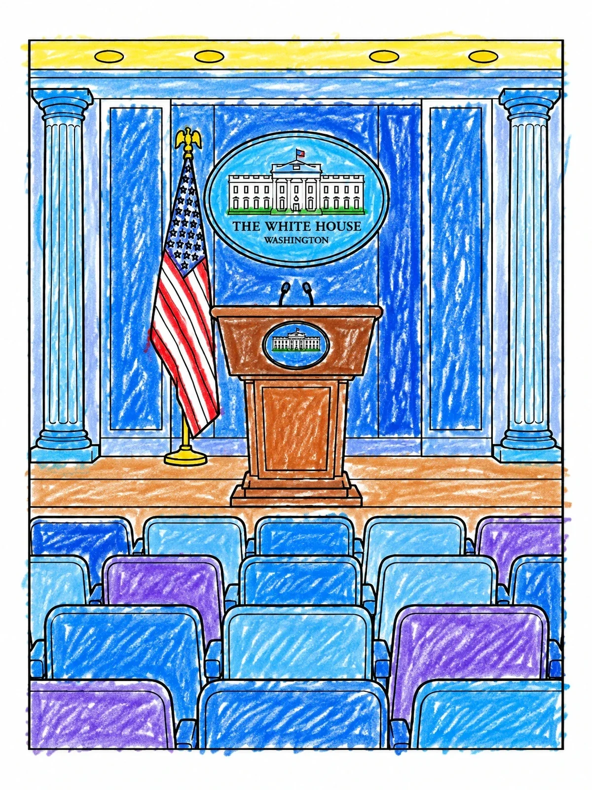 Colored example of the White House Press Briefing Room coloring page