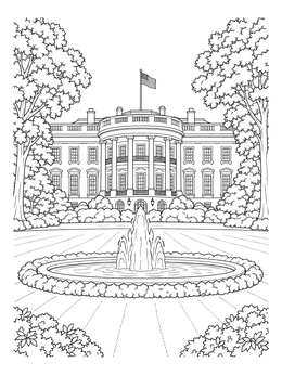 A detailed white house coloring page featuring the South Portico, lawn, and circular fountain.