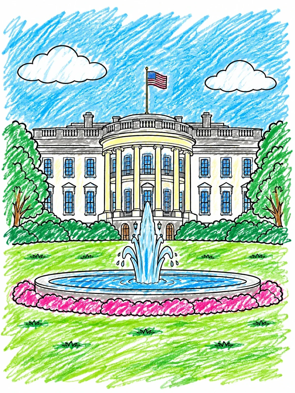 Colored example of the White House South Lawn And Fountain coloring page