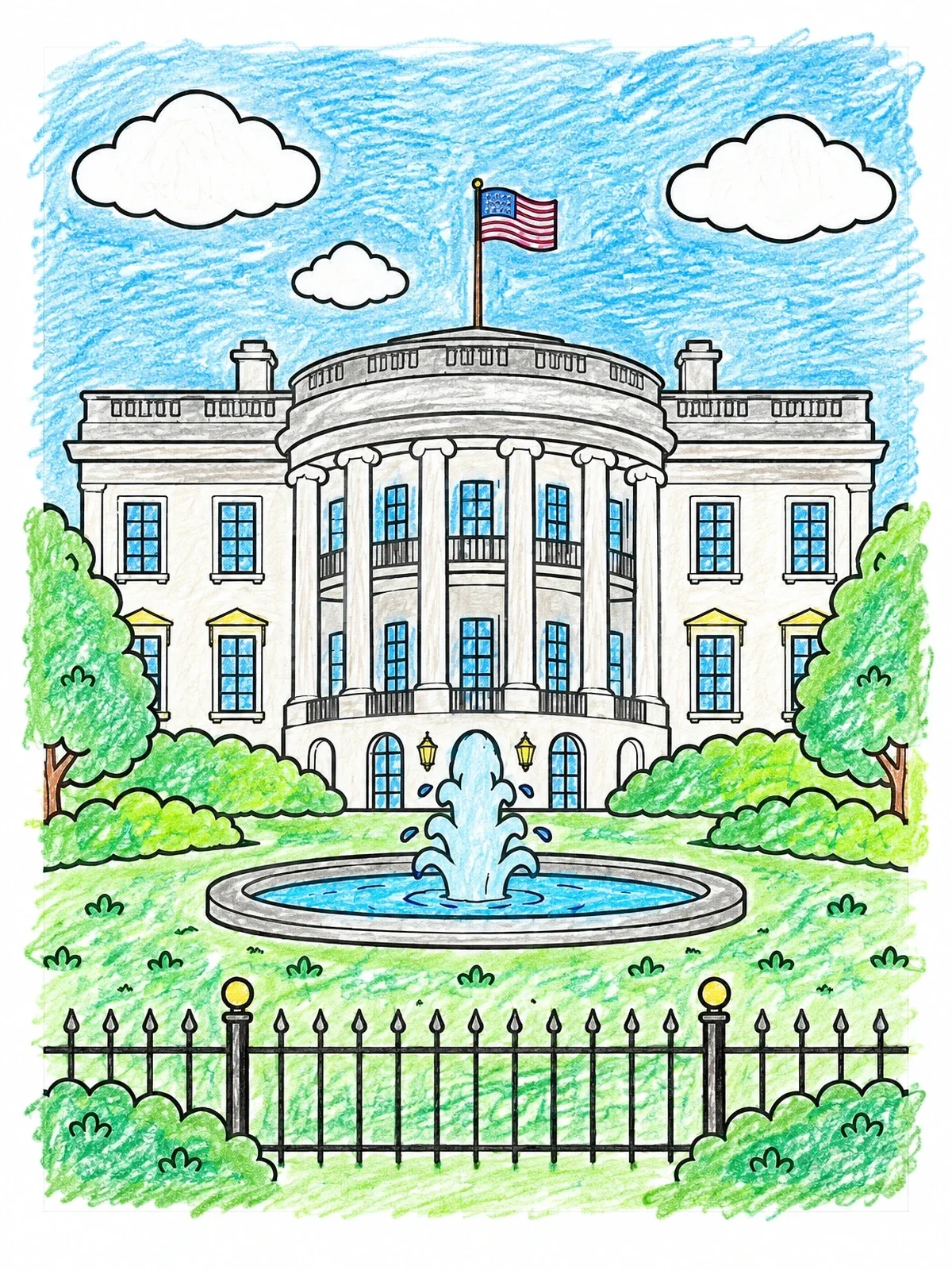 Colored example of the The White House South Portico coloring page