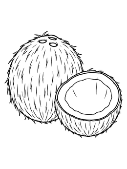 A whole textured coconut resting beside an open half on this coconut coloring page.