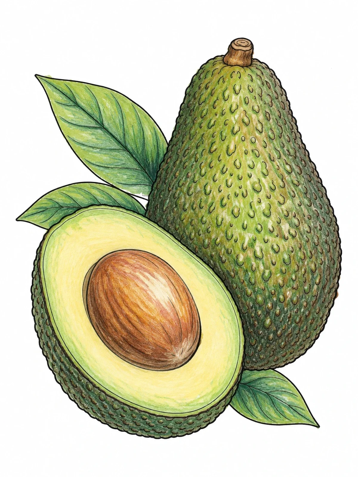 Colored example of the Whole And Halved Realistic Avocado coloring page
