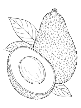 An avocado coloring page featuring a textured whole avocado beside a sliced half with its large pit.