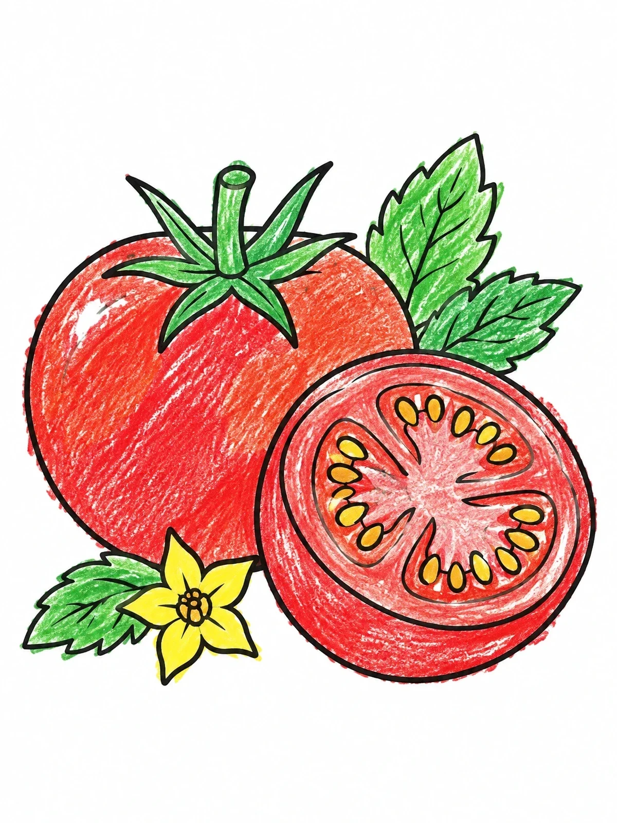 Colored example of the Whole And Sliced Tomato With Leaves coloring page