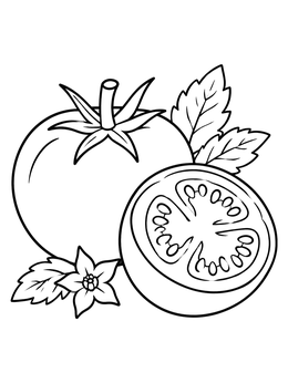 Free printable Whole And Sliced Tomato With Leaves coloring page
