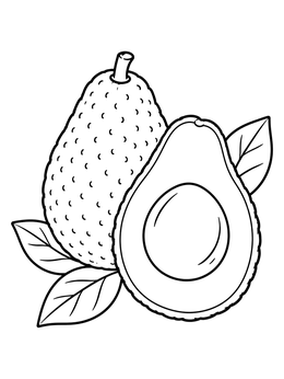 A whole fruit alongside an avocado coloring page half showing its round seed and leaves.