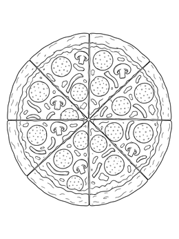 Top view of a round pizza coloring page neatly sliced with mushrooms and pepperoni.