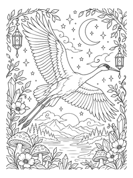 A whooping crane coloring page showing the bird soaring over mountains beneath a starry sky.