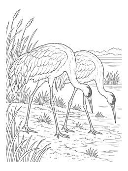 Free printable Whooping Cranes Foraging By Marsh coloring page
