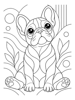 An adorable french bulldog coloring page showing a pup looking up with large eyes.