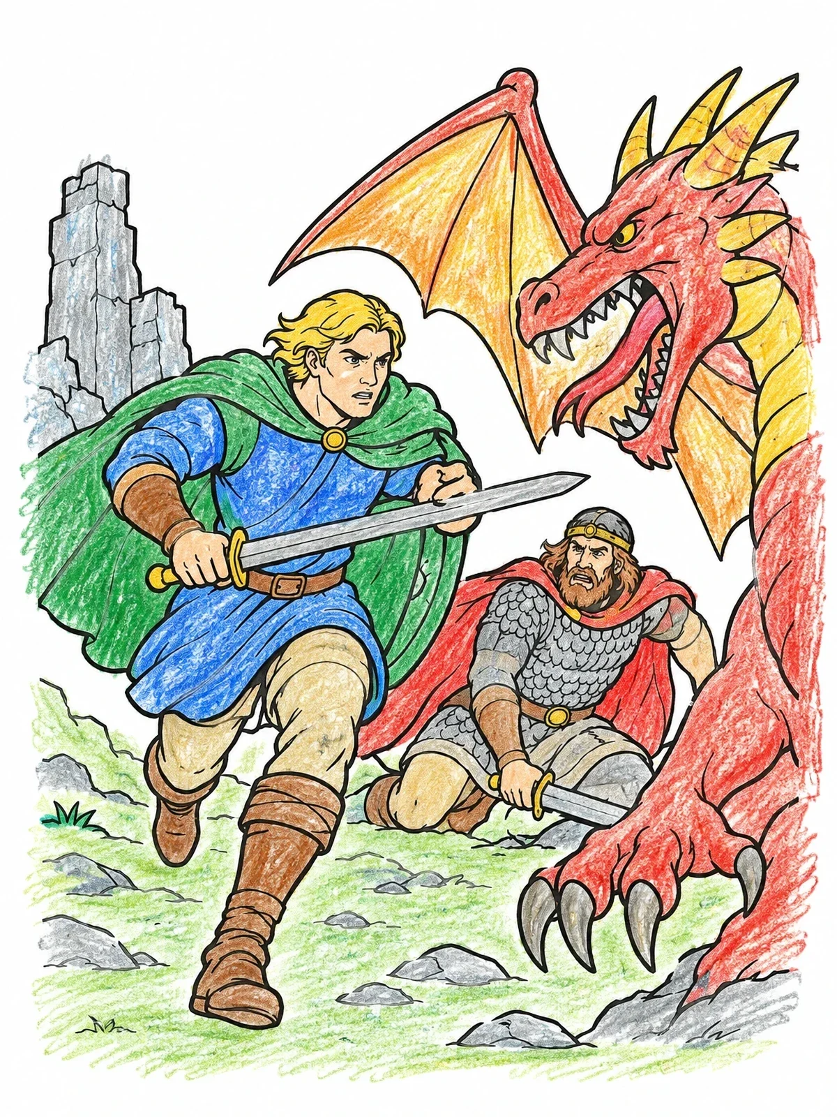 Colored example of the Wiglaf And Beowulf Facing Dragon coloring page