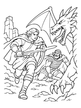 Free printable Wiglaf And Beowulf Facing Dragon coloring page