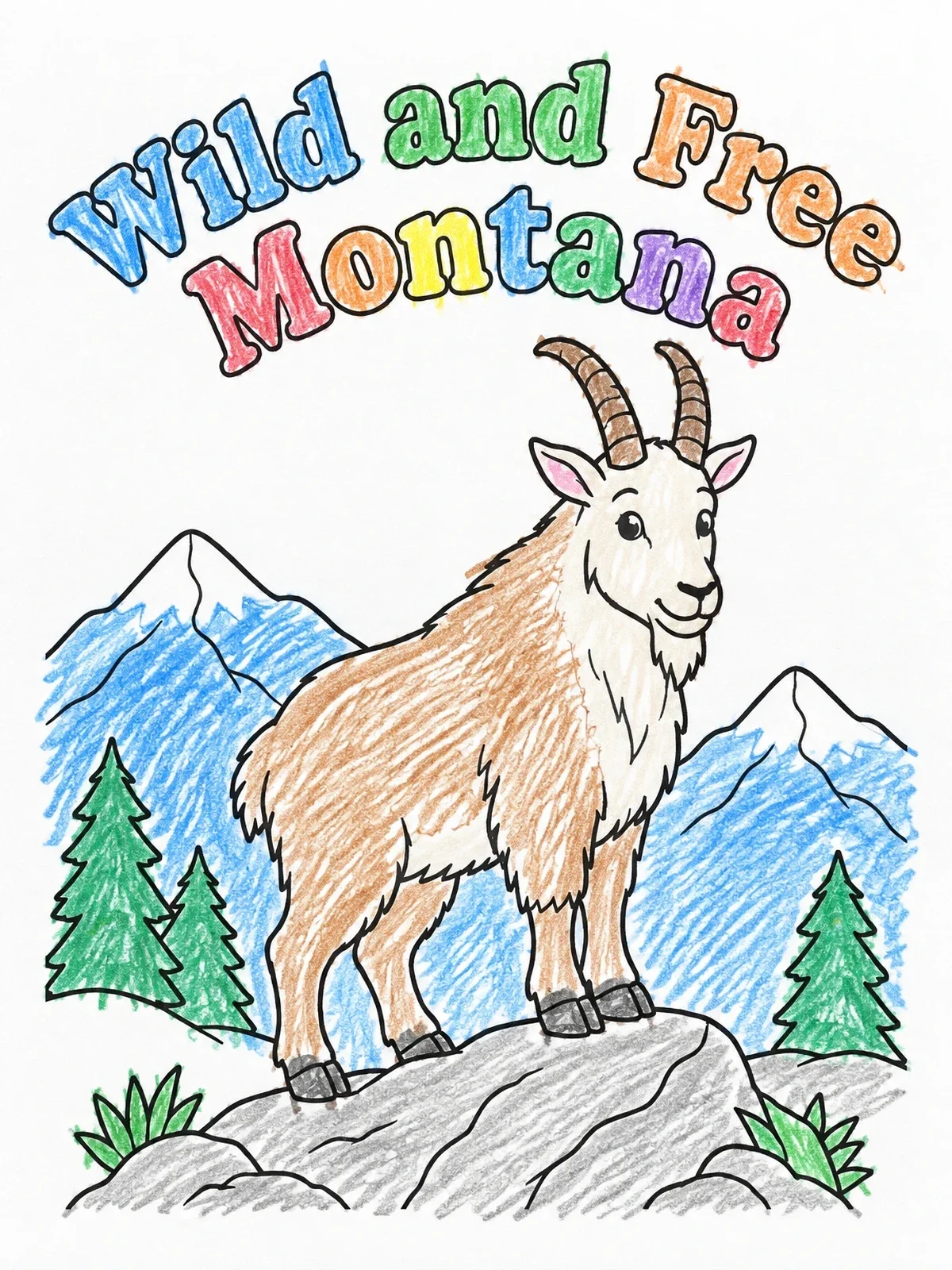 Colored example of the Wild And Free Montana Mountain Goat coloring page