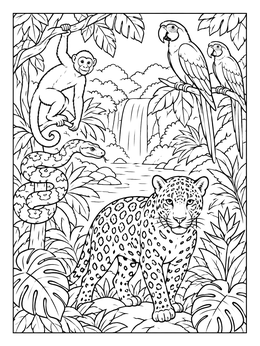 A jaguar, monkey, snake, and macaws in this rainforest coloring page.
