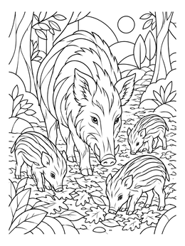 A wild boar mother and piglets in this belarus coloring page of forest wildlife.