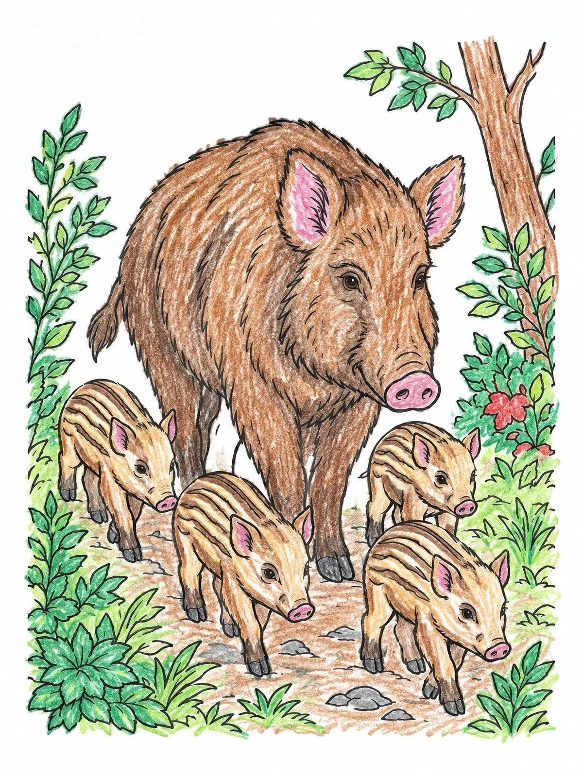 Colored example of the Wild Boar With Striped Piglets coloring page