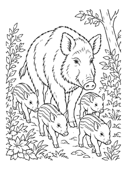 A wild boar sow guides her striped piglets in a forest pig coloring page.