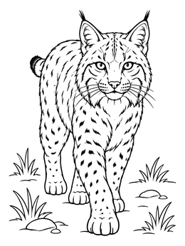 A wild bobcat coloring page showing the spotted cat walking purposefully forward across grassy ground.