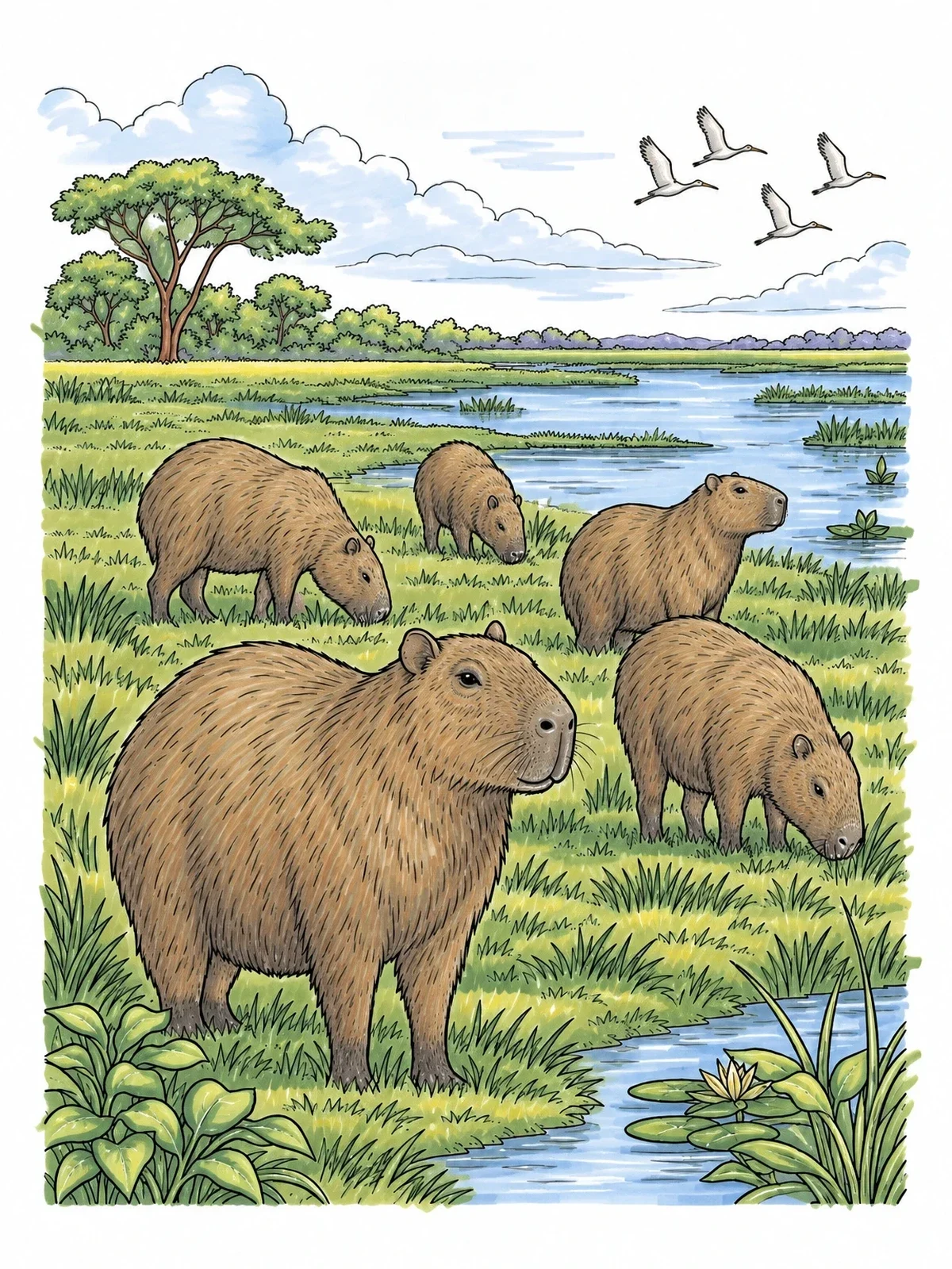 Colored example of the Wild Capybaras In The Wetlands coloring page