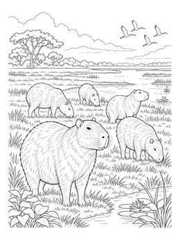 A detailed capybara coloring page showing a herd grazing near a wetland river.