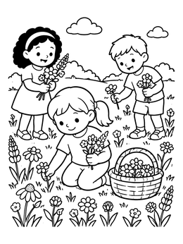 Free printable Children Picking Meadow Flowers coloring page
