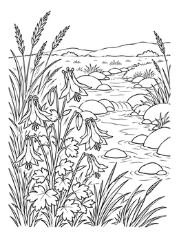 A wild flower coloring page showing blooming columbines beside a rocky stream and rolling hills.