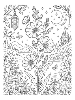 A wild flower coloring page with blooming chicory, crystals, mushrooms, and a fairytale castle.