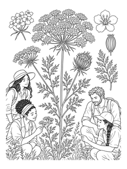 Hikers examine plants in this wild flower coloring page featuring detailed botanical diagrams.