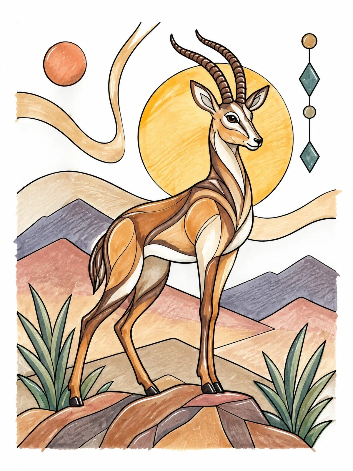 Colored example of the Graceful Wild Gazelle In The Hills coloring page